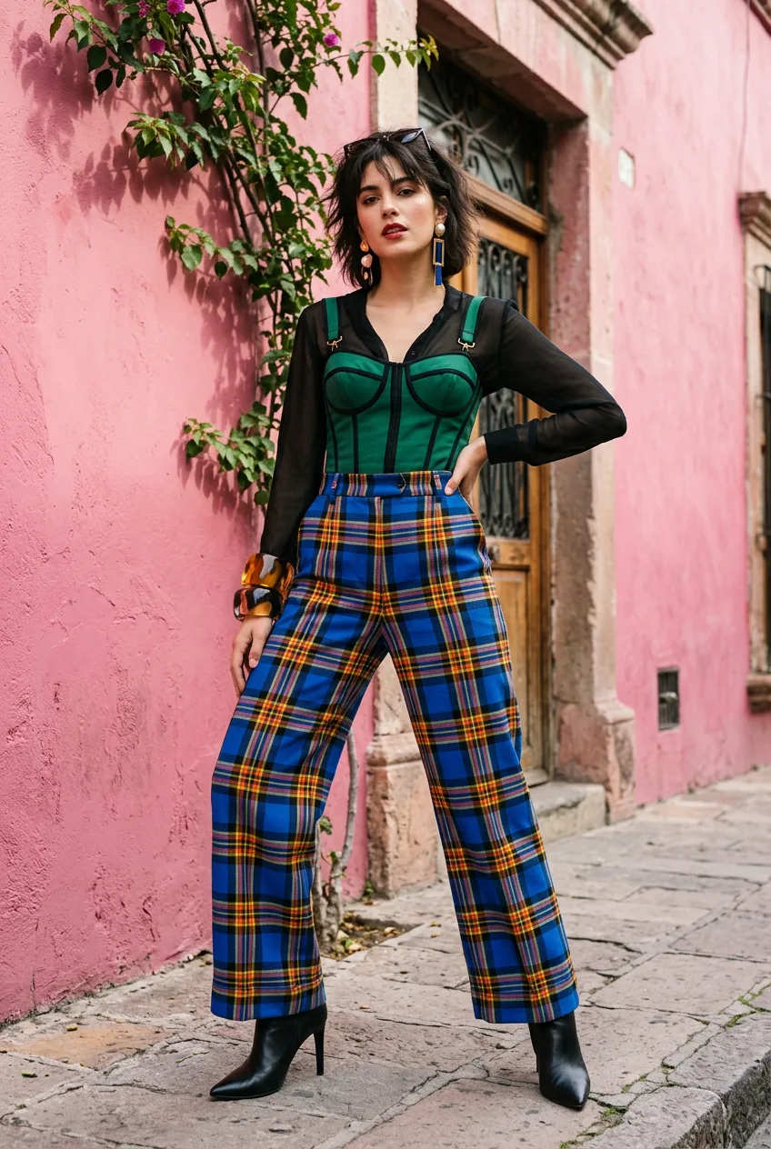 Woman in clashing plaid wide-leg trousers and structured corseted bodice with mismatched earrings