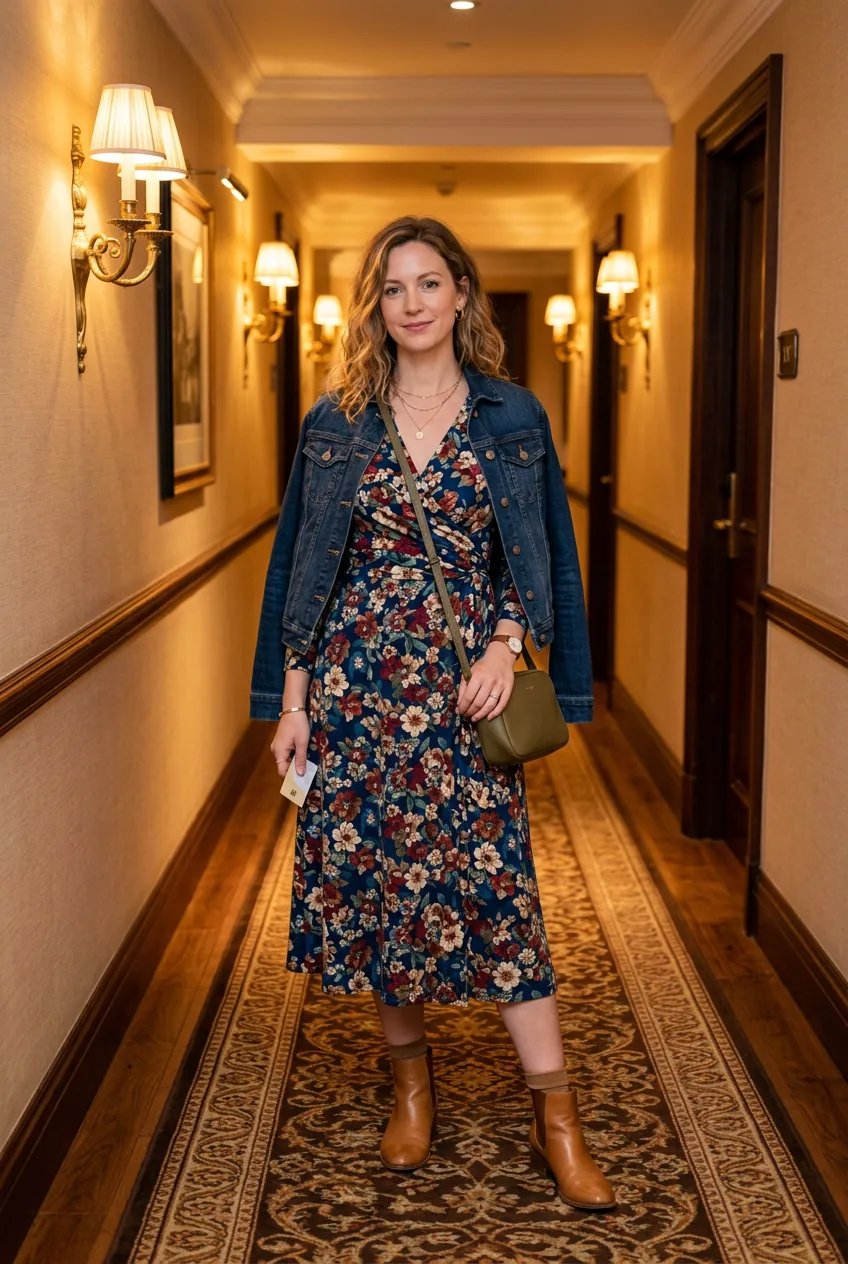 Woman in floral jersey wrap dress with denim jacket over shoulders and tan leather ankle boots in amber-lit hotel hallway
