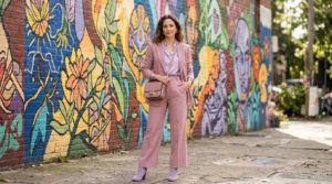 Woman in dusty rose and lavender Y2K styled outfit posed in front of a vibrant painted street mural in soft daylight