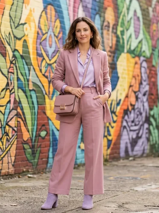 Woman in dusty rose and lavender Y2K styled outfit posed in front of a vibrant painted street mural in soft daylight