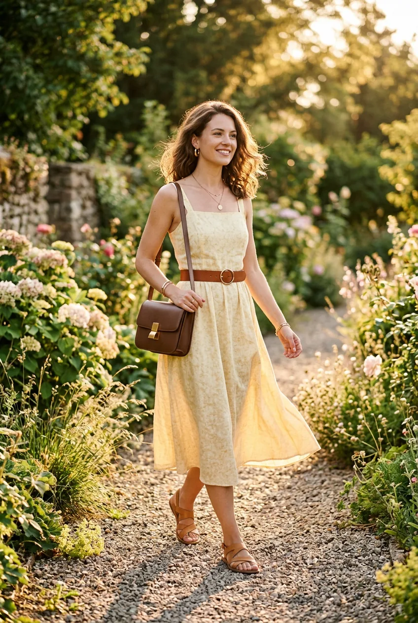 Woman walking in pale yellow sundress with cognac leather belt and chocolate brown structured bag in golden-hour sunlight